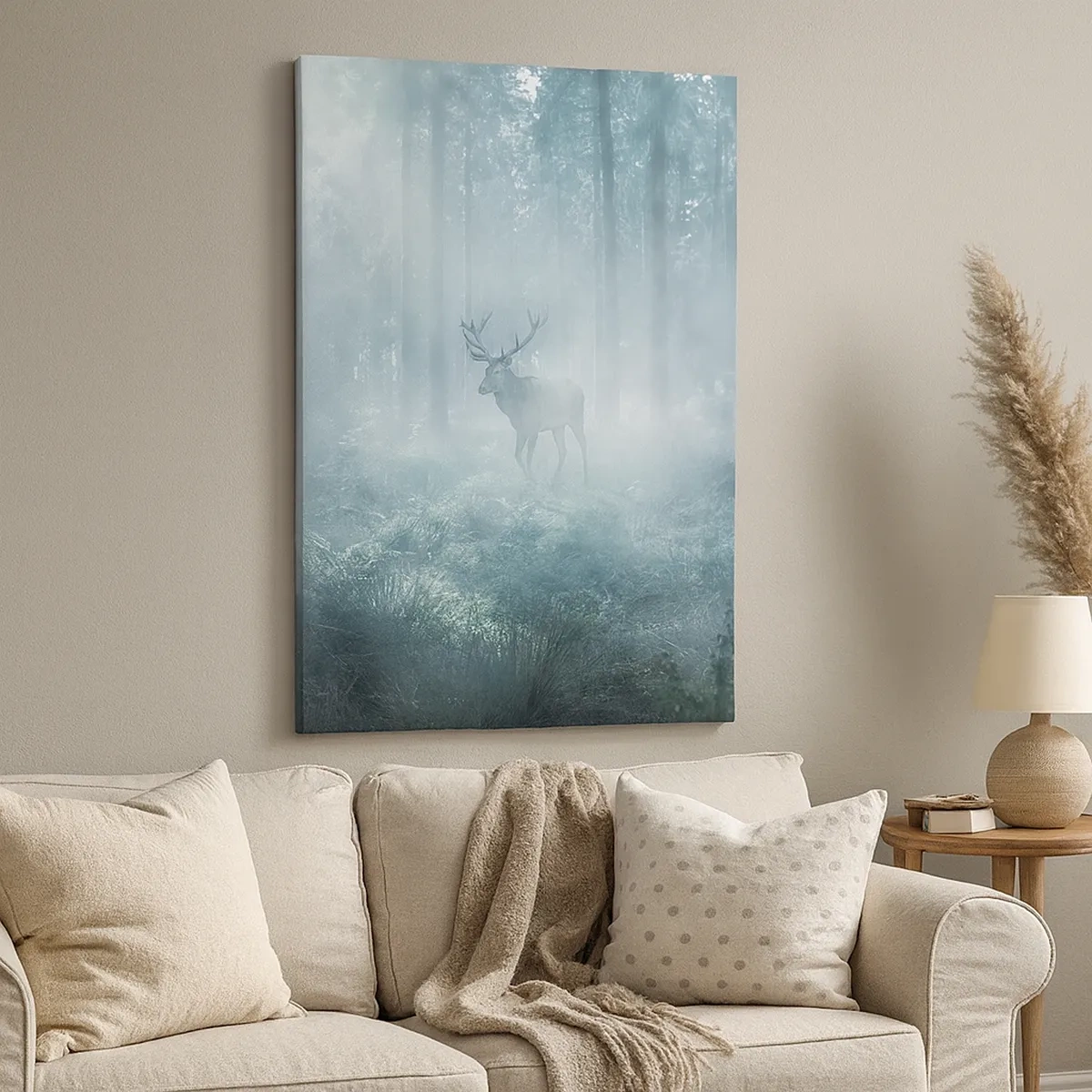 Impression sur toile - Image sur toile - Un cerf dans une forêt dense enveloppée de brume matinale - 50x70cm - Visite matinale du domaine - Décoration murale moderne pour le salon et la chambre ARTTOR