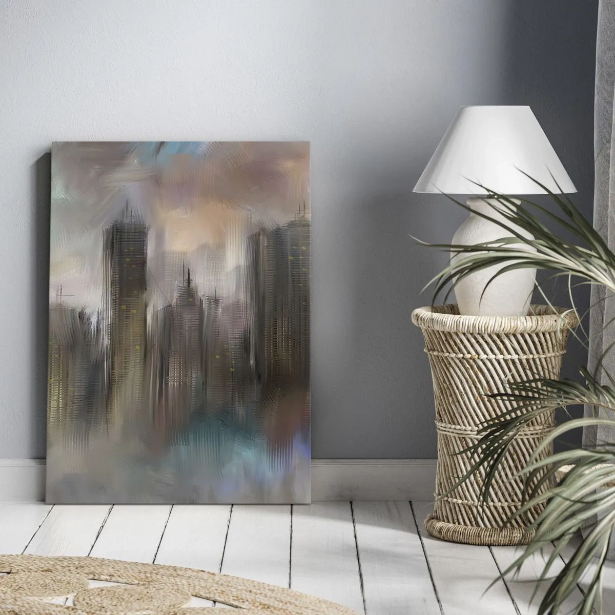 Impression sur toile - Image sur toile - Une vision artistique d'un paysage urbain avec des gratte-ciels aux couleurs pastel. - 50x70cm - Une composition d'acier, de pierre et de brouillard - Décoration murale moderne pour le salon et la chambre ARTTOR