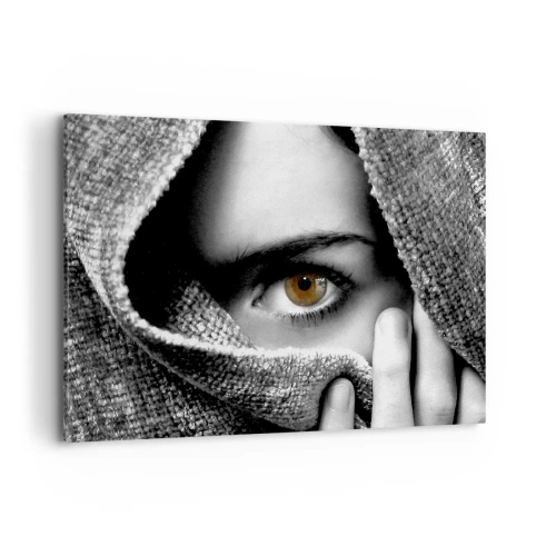 Impression sur toile - Image sur toile - Portrait d'une femme à l'oeil ambré recouvert d'un tissu aux tons gris. - 100x70cm - Apprenez le secret - Décoration murale moderne pour le salon et la chambre ARTTOR