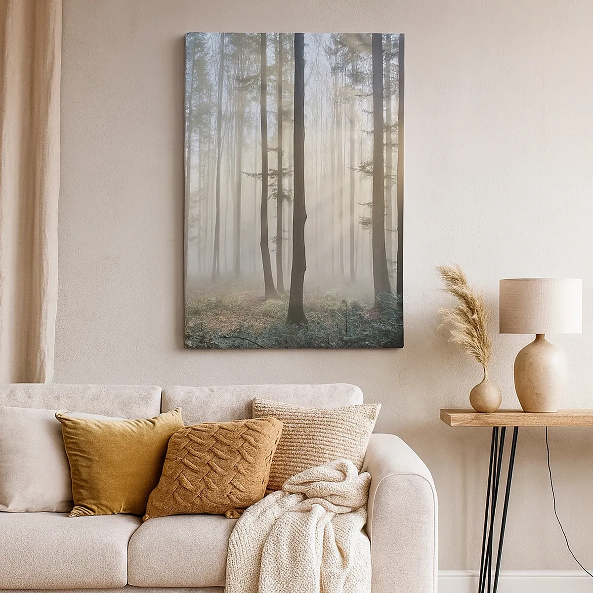Impression sur toile - Image sur toile - Une forêt dans un léger brouillard avec des rayons de soleil qui brillent à travers les arbres - 50x70cm - Le brouillard s'est aussi réveillé - Décoration murale moderne pour le salon et la chambre ARTTOR