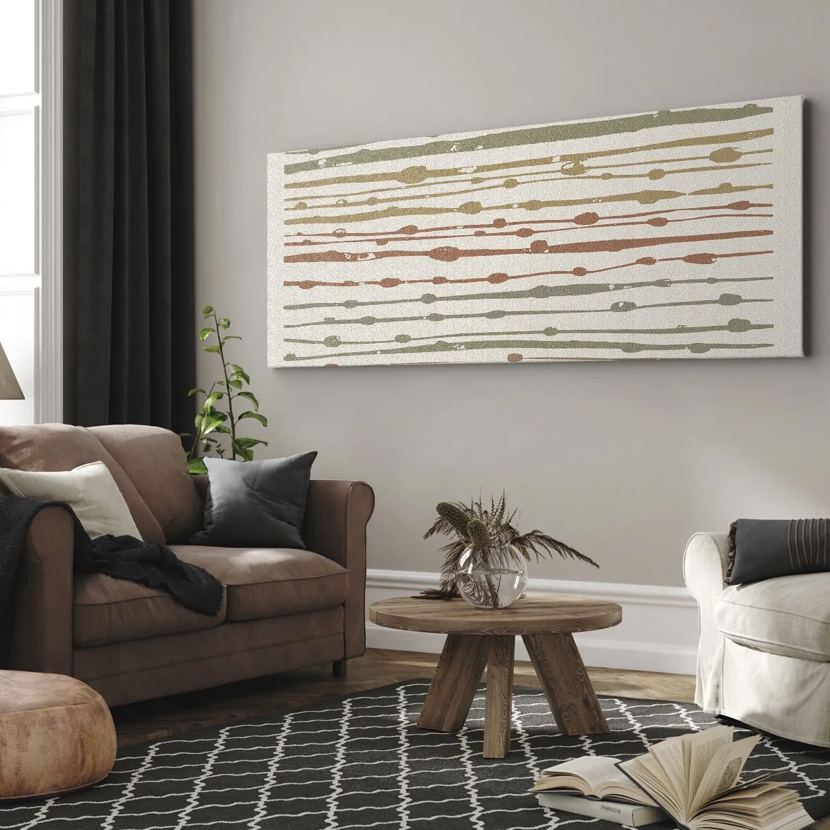 Impression sur toile - Image sur toile - Un motif de lignes aux tons chauds sur un fond clair - 140x50cm - Notation musicale des couleurs - Décoration murale moderne pour le salon et la chambre ARTTOR