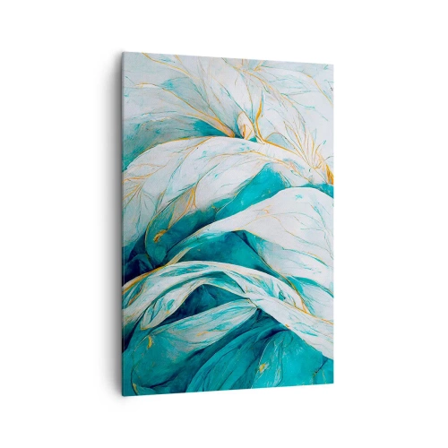 Impression sur toile - Image sur toile - Feuilles bleues abstraites avec des détails dorés - 70x100cm - Abstraction bleue avec un motif doré - Décoration murale moderne pour le salon et la chambre ARTTOR