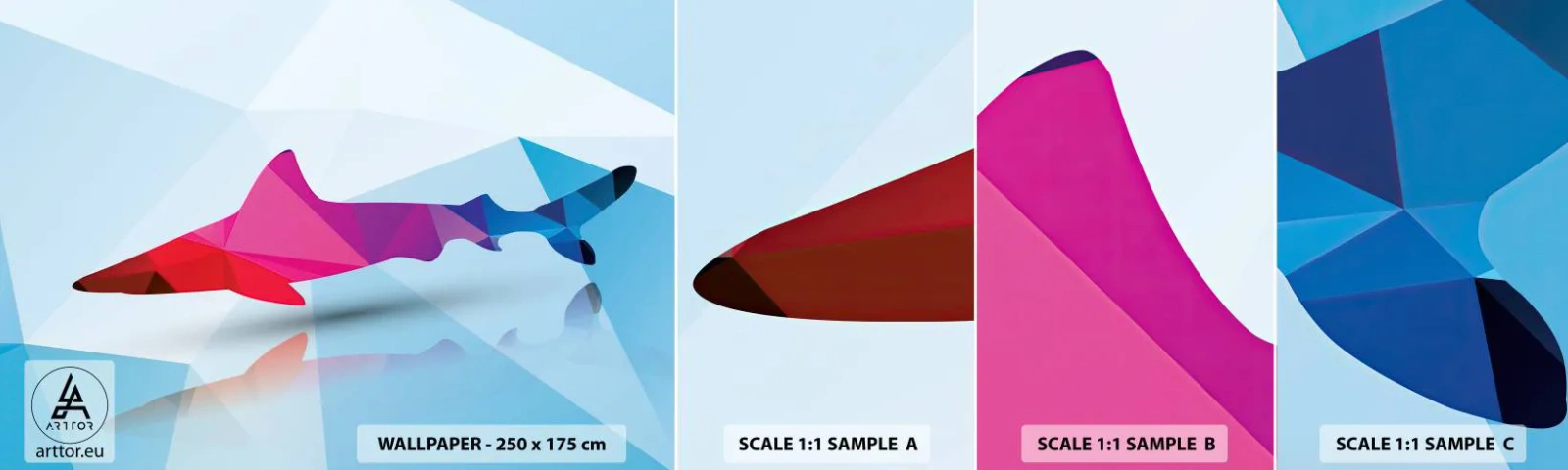 Échantillon de Papier Peint Autocollant Deluxe Sticker - Un requin dans un espace de cristal - Animaux, Requin, Figure géométrique - 100x30 cm