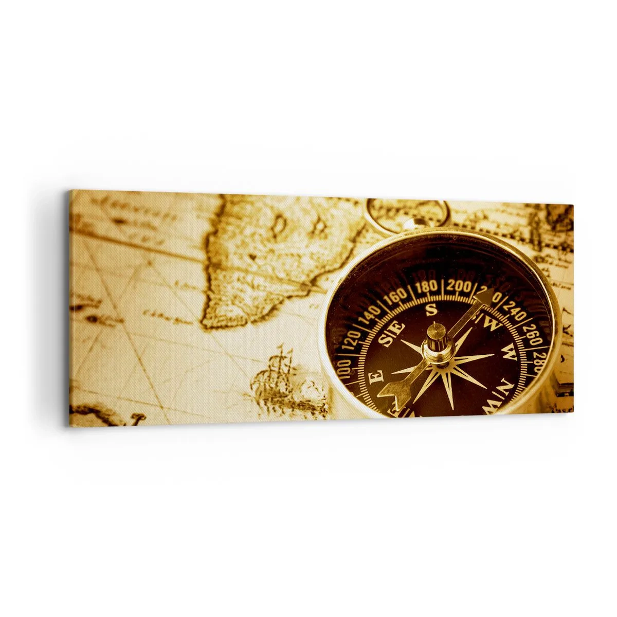 Impression sur toile - Image sur toile - Une boussole antique sur fond d'une vieille carte du monde - 120x50cm - Est ou ouest? - Décoration murale moderne pour le salon et la chambre ARTTOR