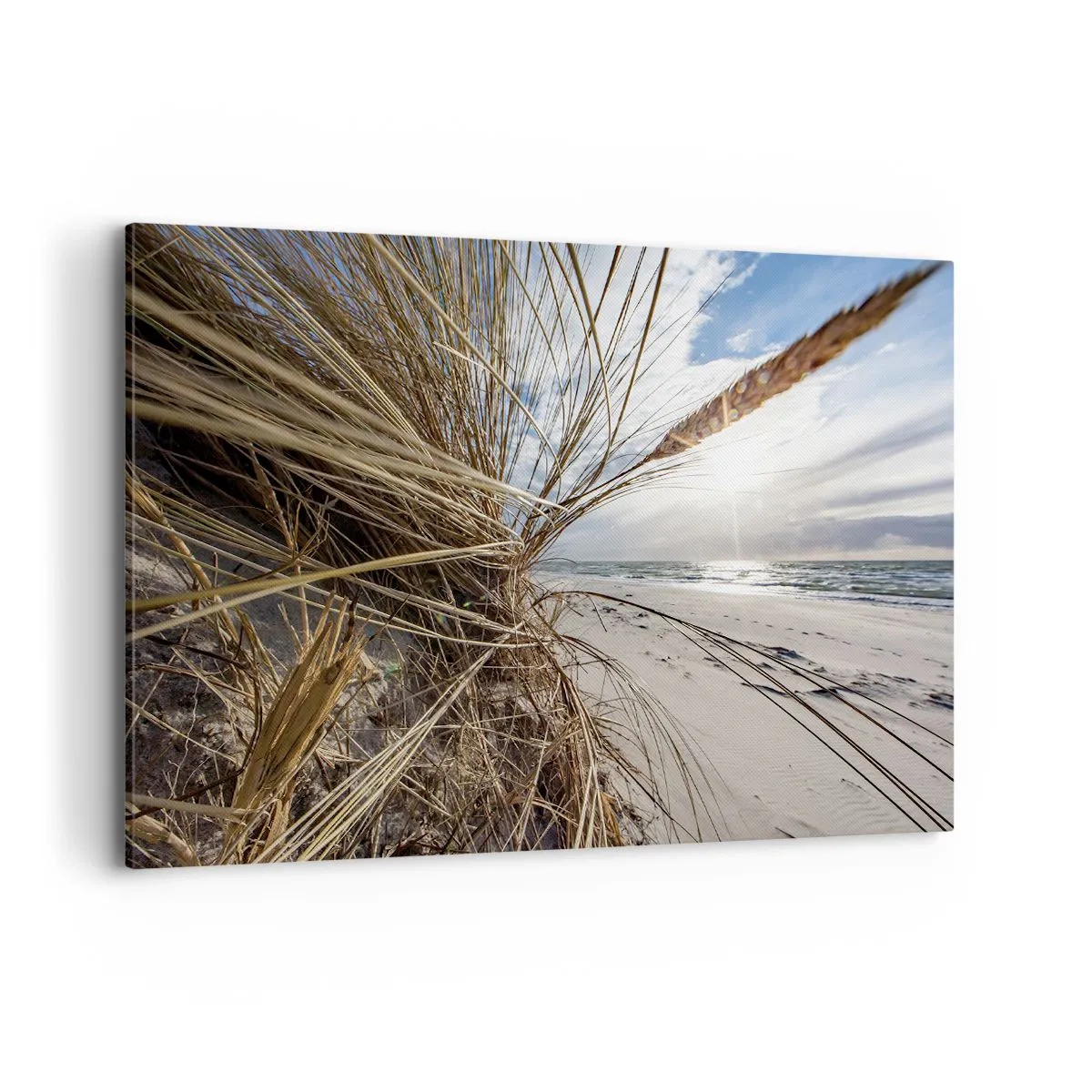 Impression sur toile - Image sur toile - Une plage avec de l'herbe sèche sur les dunes et une vue sur la mer - 120x80cm - Rencontre des éléments - Décoration murale moderne pour le salon et la chambre ARTTOR