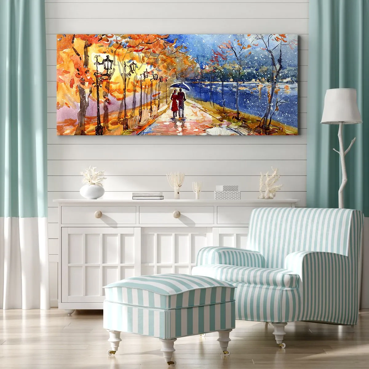 Impression sur toile - Image sur toile - Une promenade d'automne dans le parc au bord de la rivière sous un parasol - 120x50cm - Ensemble jusqu'au bout du temps - Décoration murale moderne pour le salon et la chambre ARTTOR