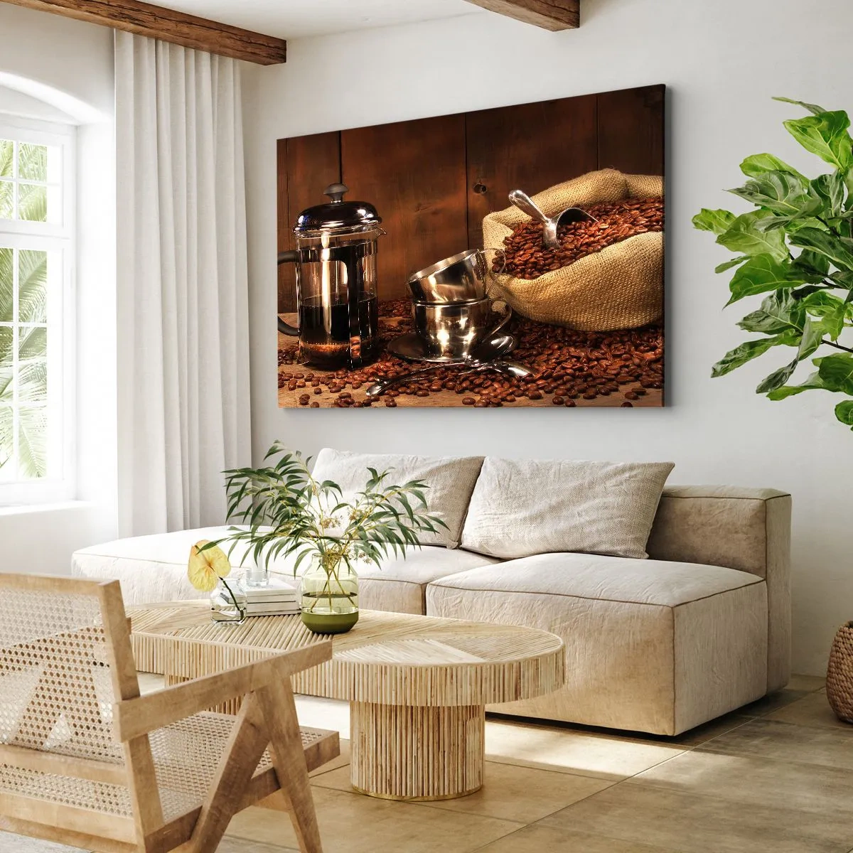 Impression sur toile - Image sur toile - Presse française, tasses et un sac de café sur un fond en bois - 70x50cm - Le charme du café - arôme et goût - Décoration murale moderne pour le salon et la chambre ARTTOR