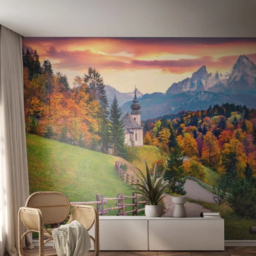 Papier peint sur mesure Premium Sand - Paysage comme peind - Paysage de montagne, Chemin, Église