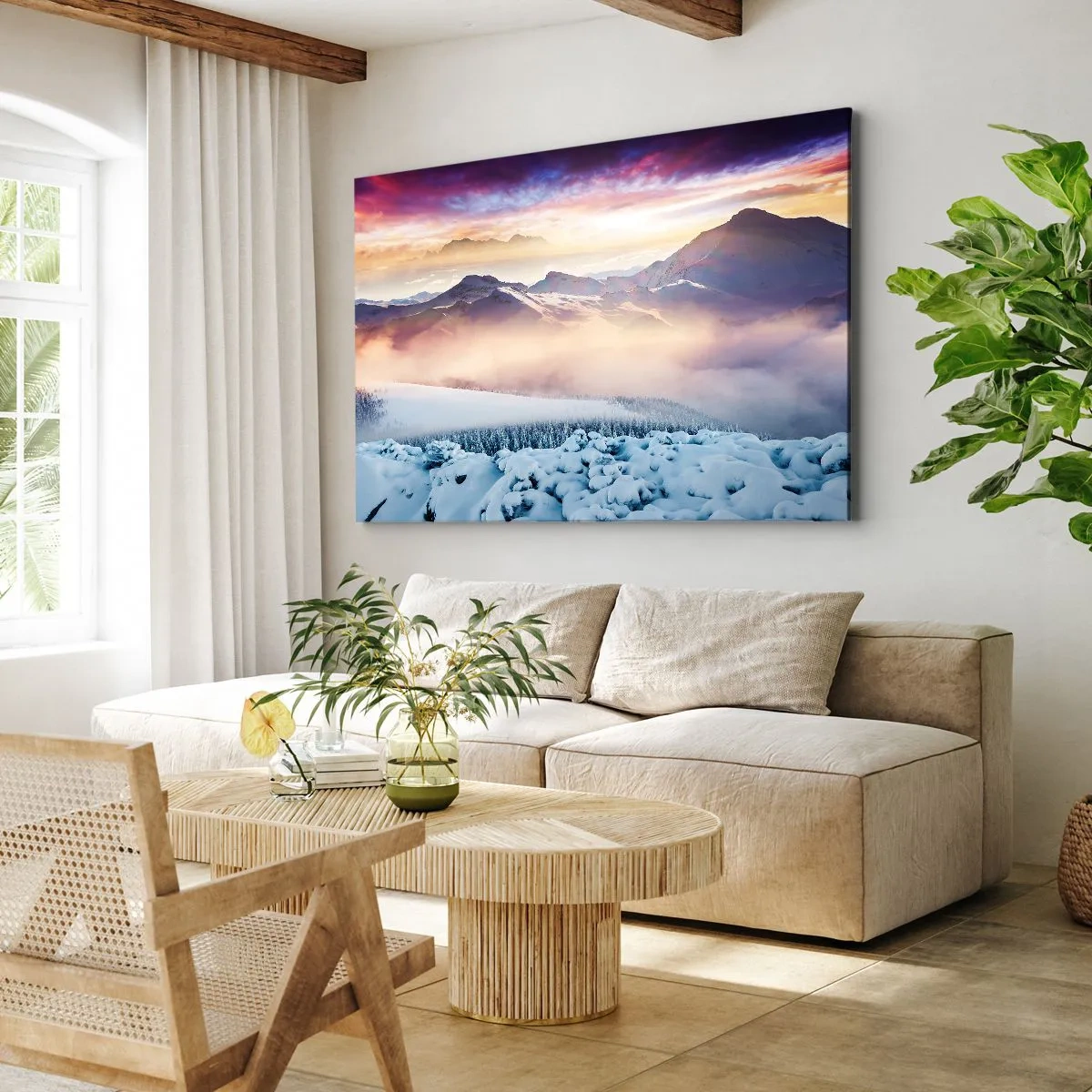Impression sur toile - Image sur toile - Montagnes enneigées à l'aube avec un ciel coloré - 70x50cm - La force et la pureté de la nature - Décoration murale moderne pour le salon et la chambre ARTTOR