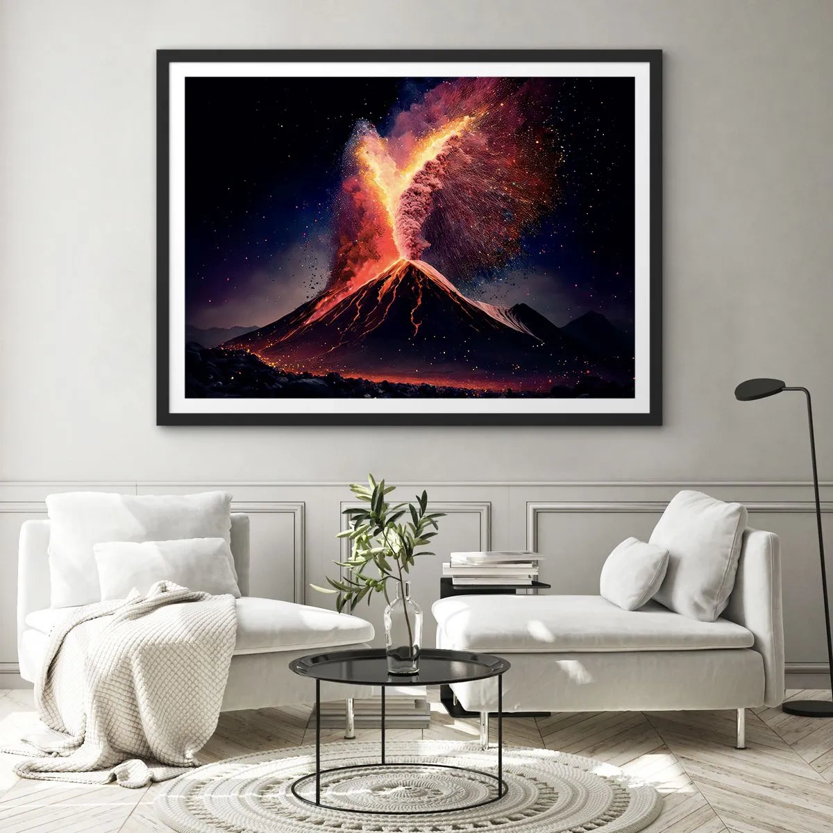 Affiche dans un cadre noir - Poster - Une éruption volcanique unique la nuit avec des couleurs dynamiques. - 100x70cm - Beauté et horreur - Décoration murale moderne pour le salon et la chambre ARTTOR