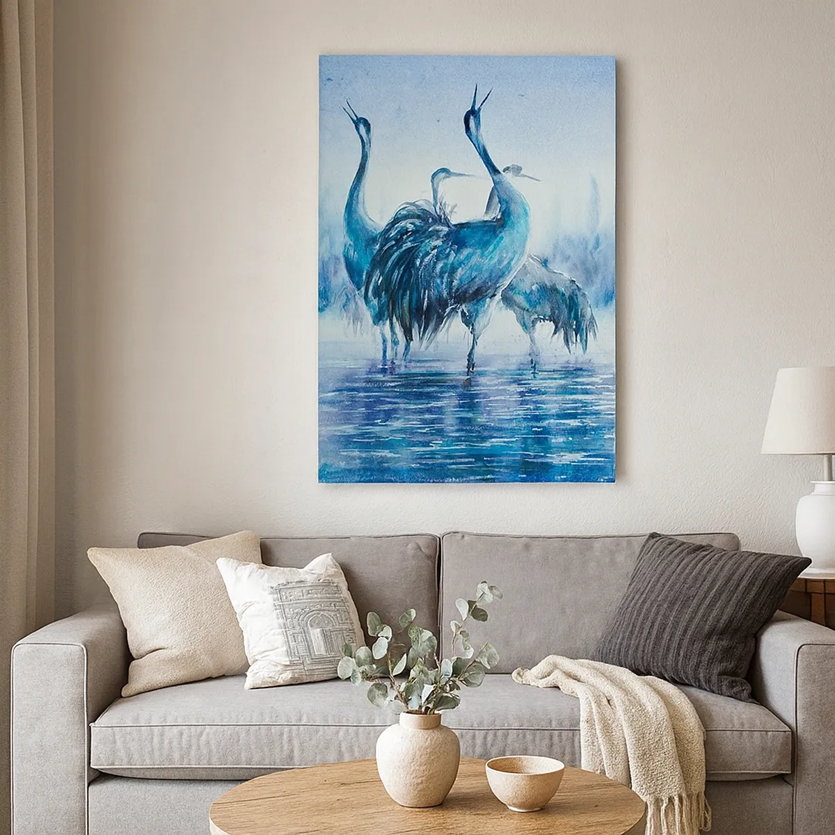 Impression sur toile - Image sur toile - Grues sur fond de brouillard et d'eau dans des tons bleus - 50x70cm - Réunion matinale - Décoration murale moderne pour le salon et la chambre ARTTOR