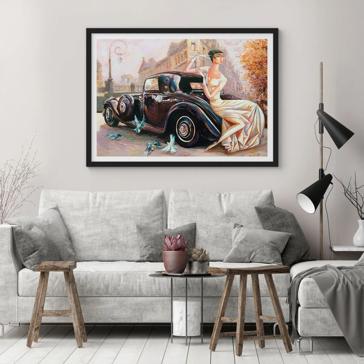 Affiche dans un cadre noir - Poster - Femme rétro à côté d'une voiture classique - 100x70cm - L'élégance dans un style rétro - Décoration murale moderne pour le salon et la chambre ARTTOR