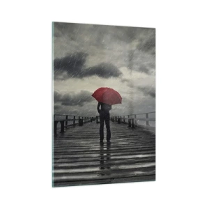 Impression sur verre - Image sur verre - Un homme avec un parapluie rouge sur une jetée en bois sous la pluie. - 50x70cm - Peu importe qu'il pleuve - Décoration murale moderne pour le salon et la chambre ARTTOR