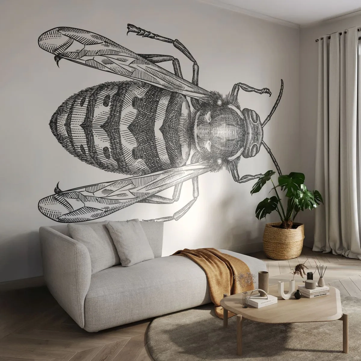 Papier Peint Photo Premium Sand - Illustration graphique d'une guêpe en noir et blanc sur fond blanc - 100x70cm - D'une planète d'insectes - Décoration murale moderne pour le salon et la chambre ARTTOR