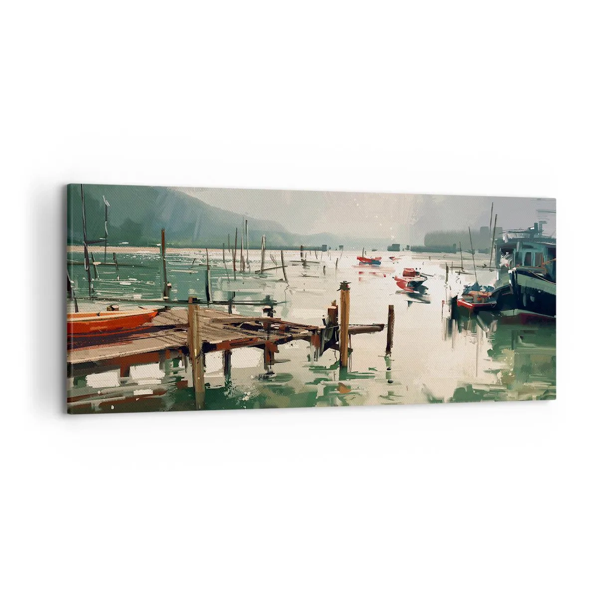 Impression sur toile - Image sur toile - Un port pittoresque avec des bateaux sur une eau calme - 120x50cm - Trempé dans une lune en fusion - Décoration murale moderne pour le salon et la chambre ARTTOR