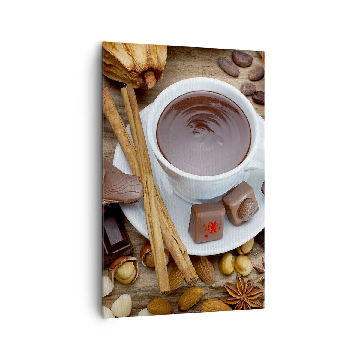 Impression sur toile - Image sur toile - Une tasse de chocolat chaud entourée d'ingrédients de dessert - 80x120cm - D'une chocolaterie de conte de fées - Décoration murale moderne pour le salon et la chambre ARTTOR