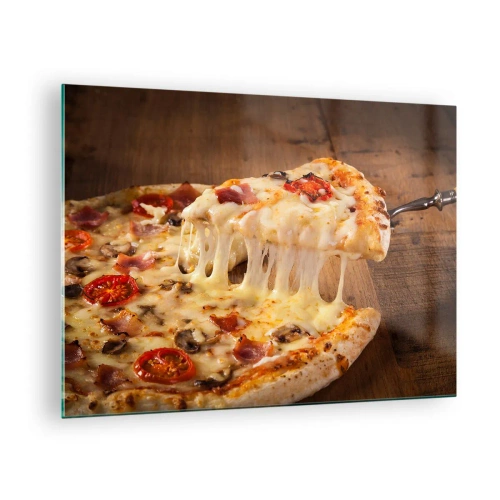 Impression sur verre - Image sur verre - Pizza au fromage filandreux, tomates et jambon sur fond de bois - 70x50cm - Un chef-d'œuvre de l'art italien - Décoration murale moderne pour le salon et la chambre ARTTOR