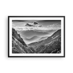 Affiche dans un cadre noir - Poster - Paysage de montagne en noir et blanc avec des nuages au-dessus des sommets - 70x50cm - Jusqu'à l'horizon - Décoration murale moderne pour le salon et la chambre ARTTOR