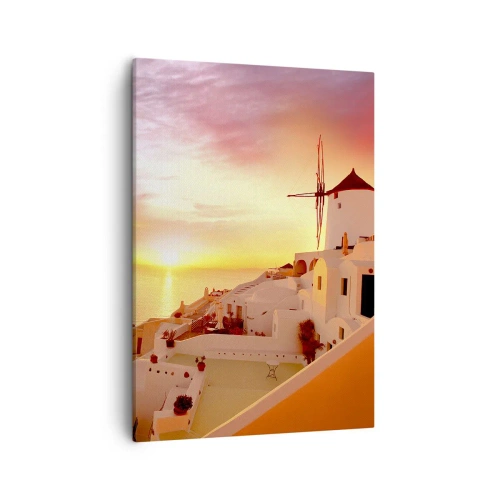 Impression sur toile - Image sur toile - Santorin au coucher du soleil avec un moulin à vent - 50x70cm - Fondre en blanc et or - Décoration murale moderne pour le salon et la chambre ARTTOR