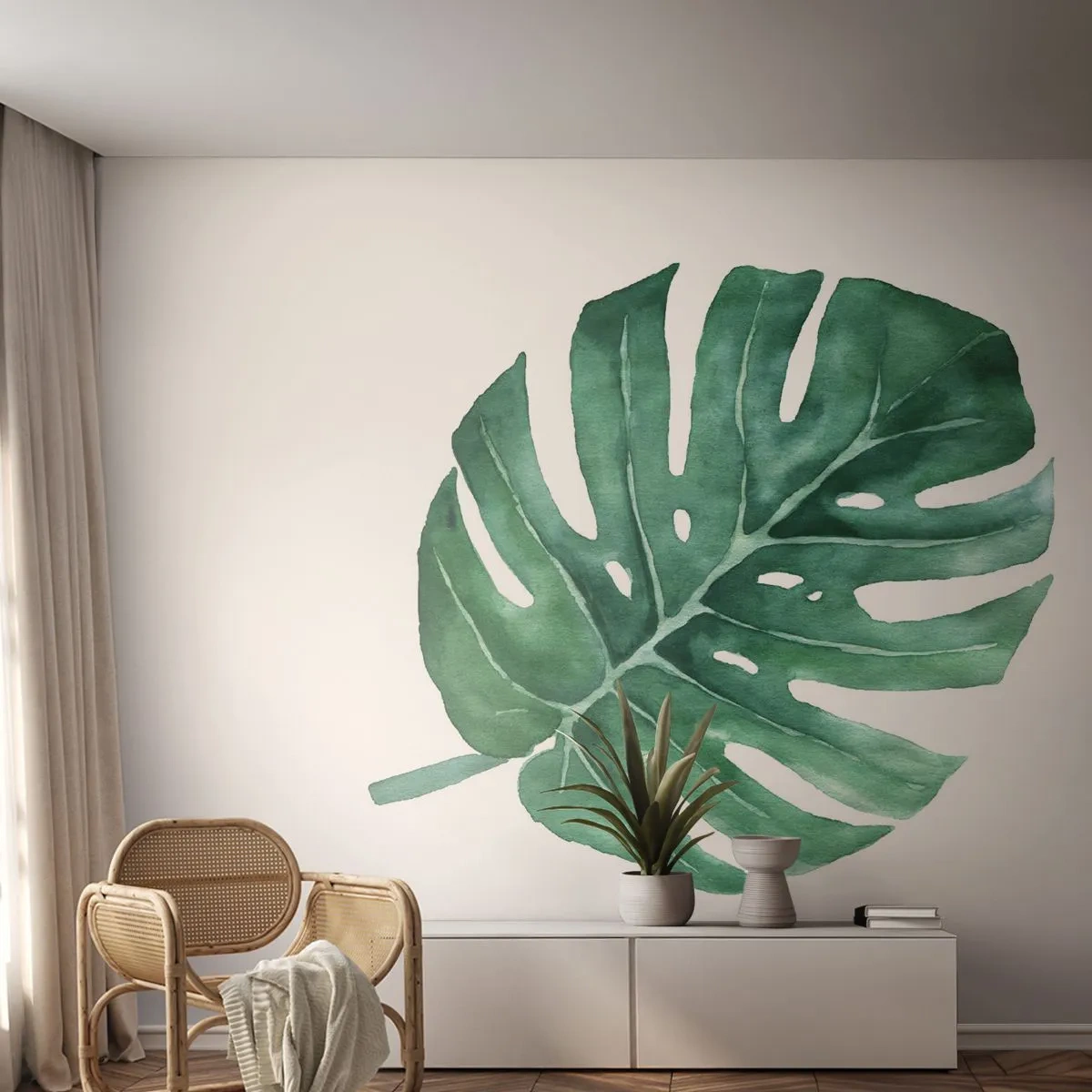 Papier Peint Photo Premium Sand - Feuille de monstera aquarelle sur fond blanc - 100x70cm - Concept vert - Décoration murale moderne pour le salon et la chambre ARTTOR