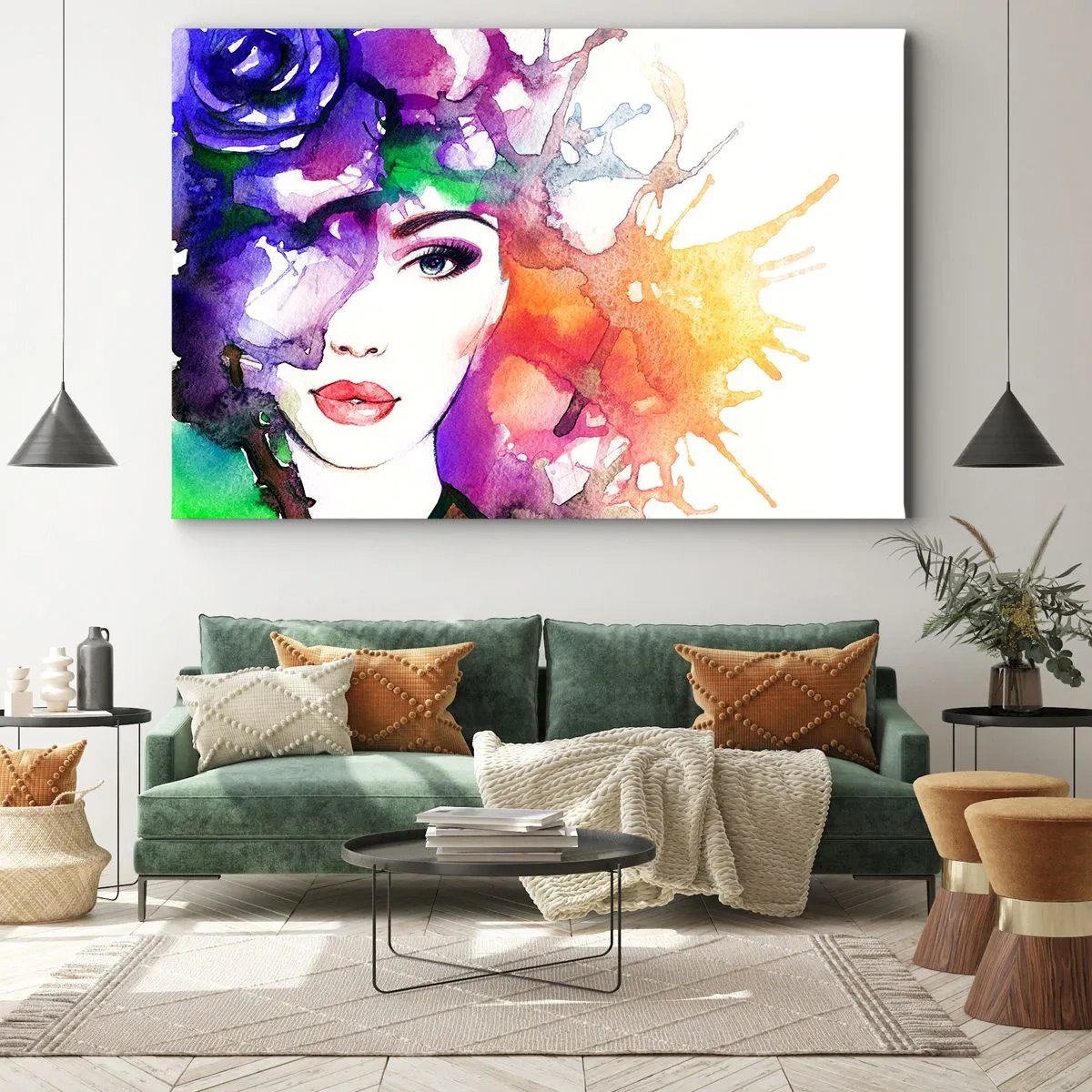 Impression sur toile - Image sur toile - Portrait d'une femme aux couleurs aquarelles avec des taches abstraites - 100x70cm - Avec la tête dans les nuages - Décoration murale moderne pour le salon et la chambre ARTTOR