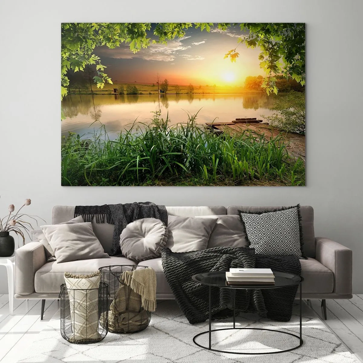 Impression sur verre - Image sur verre - Paysage avec un lac entouré de verdure au coucher du soleil - 100x70cm - Paysage dans un cadre verdoyant - Décoration murale moderne pour le salon et la chambre ARTTOR