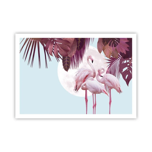 Affiche - Poster - Flamants roses sur fond de lune et de feuilles tropicales - 100x70cm - Trois oiseaux gracieux - Décoration murale moderne pour le salon et la chambre ARTTOR