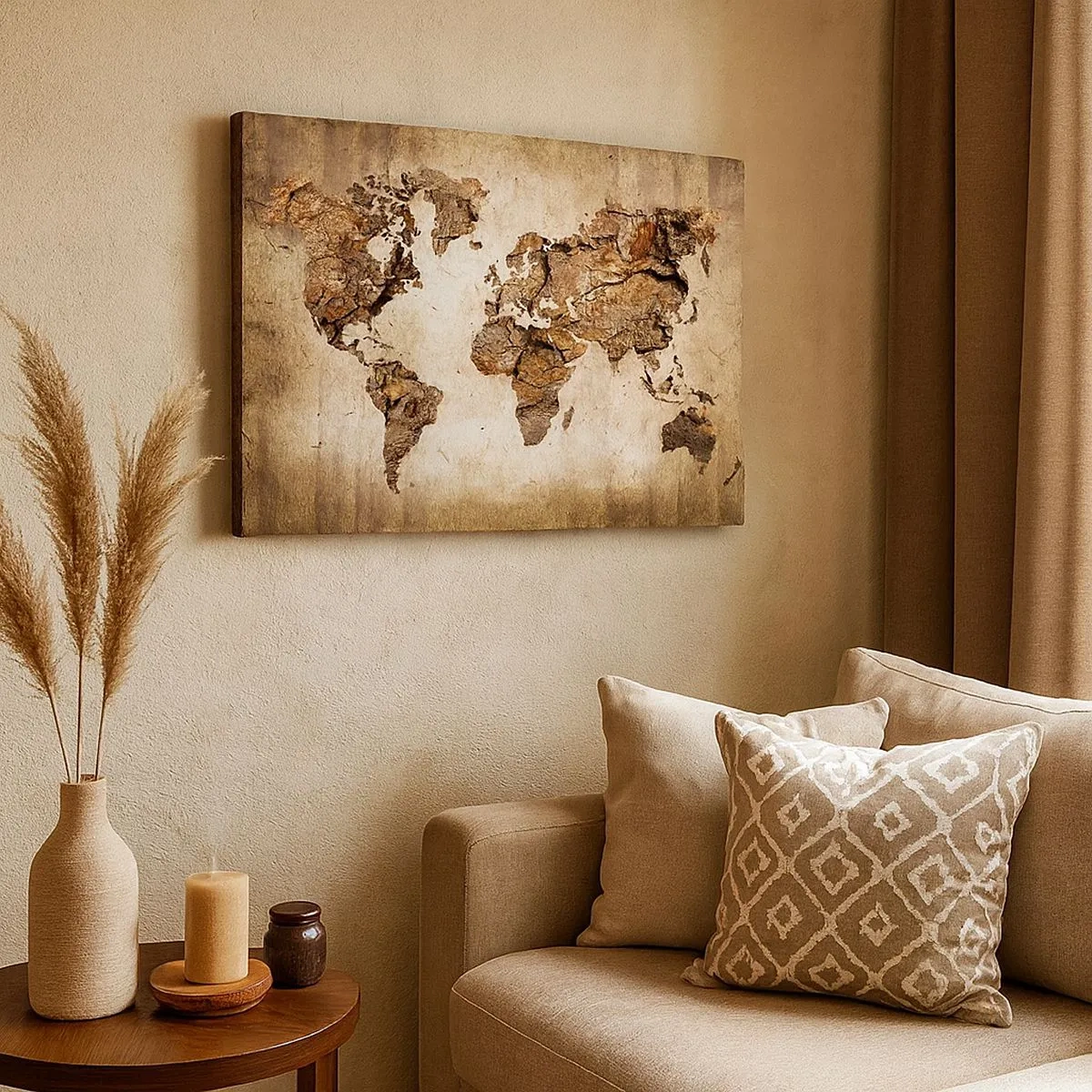 Impression sur toile - Image sur toile - Une carte du monde dans un style rustique en bois - 70x50cm - Découverte du monde - Décoration murale moderne pour le salon et la chambre ARTTOR