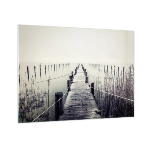 Impression sur verre - Image sur verre - Un pont en bois mène aux profondeurs d'un lac calme dans le brouillard. - 70x50cm - Plongez dans la paix - Décoration murale moderne pour le salon et la chambre ARTTOR