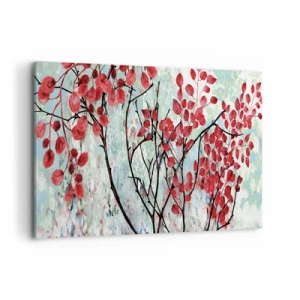 Impression sur toile - Image sur toile - Feuilles rouges sur un ciel lumineux avec des motifs abstraits - 120x80cm - Arbre en écarlate - Décoration murale moderne pour le salon et la chambre ARTTOR