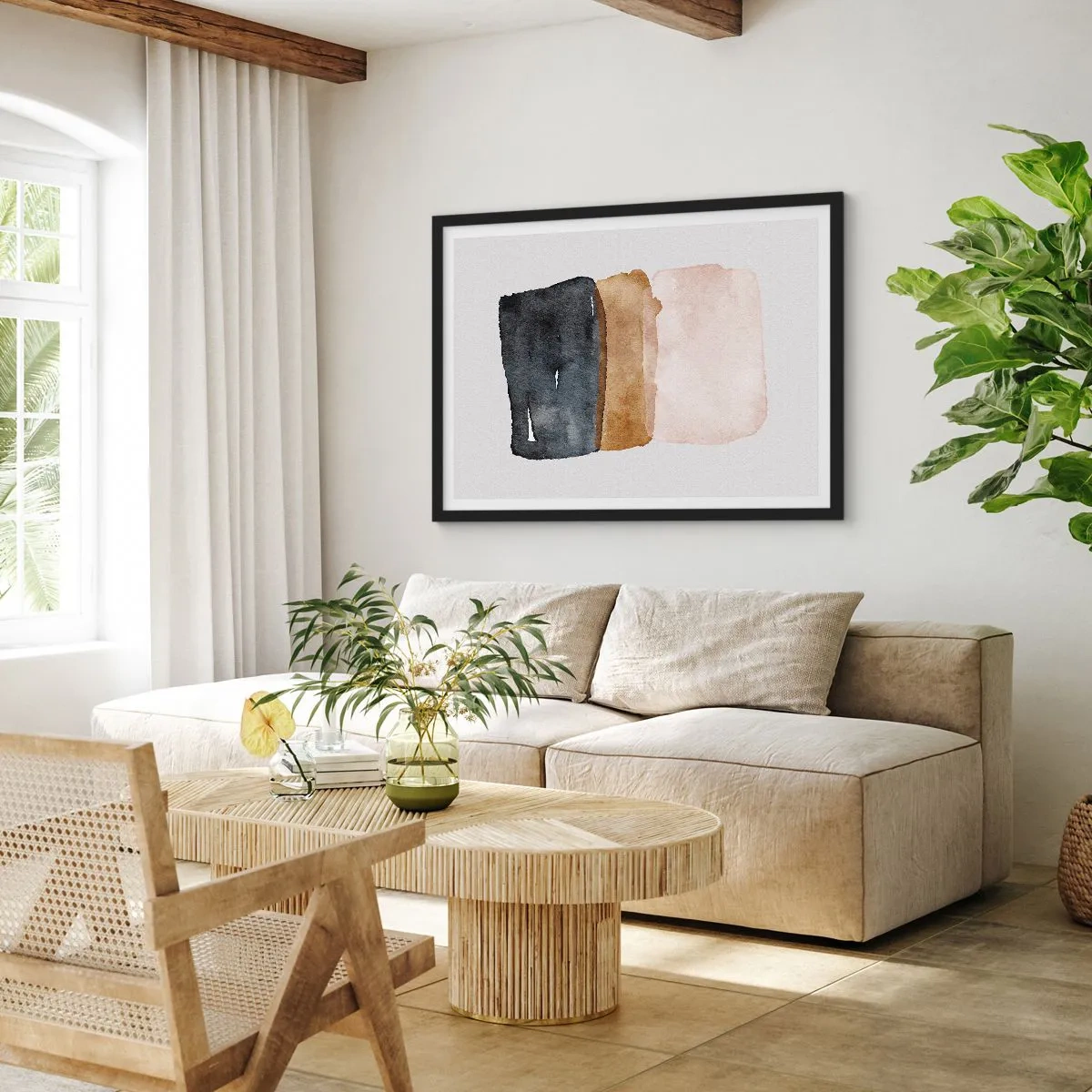 Affiche dans un cadre noir - Poster - Une composition minimaliste de trois rectangles aux tons terreux. - 100x70cm - Composition de couleurs de la terre - Décoration murale moderne pour le salon et la chambre ARTTOR