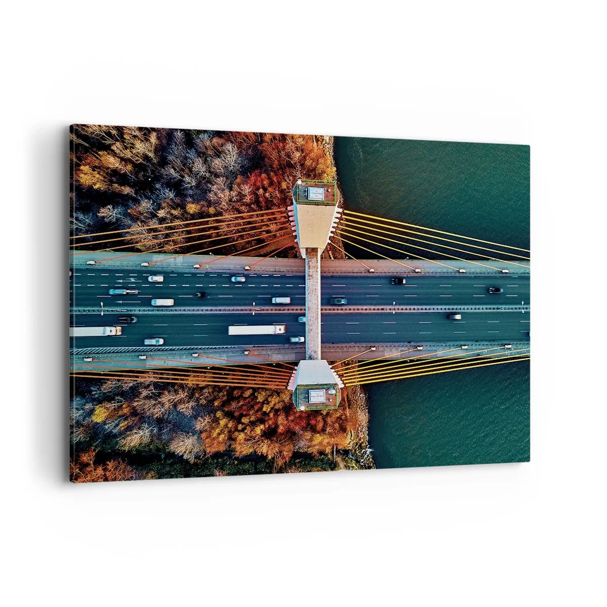 Impression sur toile - Image sur toile - Vue aérienne du pont sur la rivière et du paysage d'automne - 100x70cm - Au dessus de l'eau et de la forêt - Décoration murale moderne pour le salon et la chambre ARTTOR