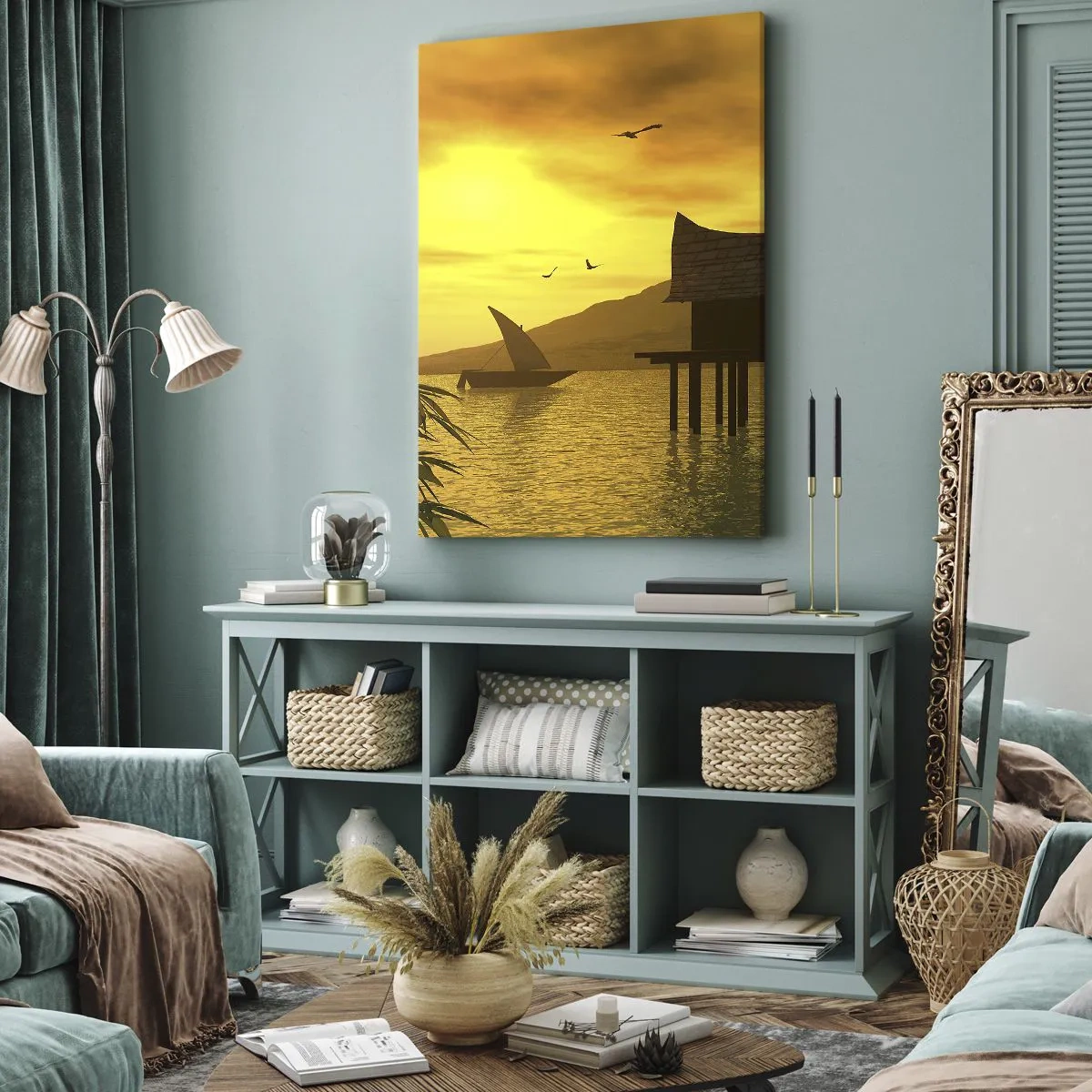 Impression sur toile - Image sur toile - Coucher de soleil tropical sur l'eau avec une maison en bois sur pilotis. - 50x70cm - La paix tant désirée - Décoration murale moderne pour le salon et la chambre ARTTOR