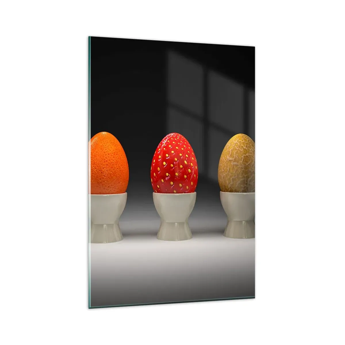 Impression sur verre - Image sur verre - Œufs colorés ressemblant à des fruits sur un fond sombre - 80x120cm - Petit-déjeuner fruité - Décoration murale moderne pour le salon et la chambre ARTTOR
