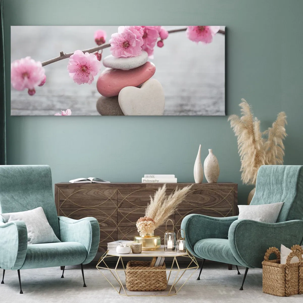 Impression sur toile - Image sur toile - Fleurs de cerisier délicates avec des pierres en forme de cœur - 160x50cm - Le bonheur avec une fleur de cerisier - Décoration murale moderne pour le salon et la chambre ARTTOR