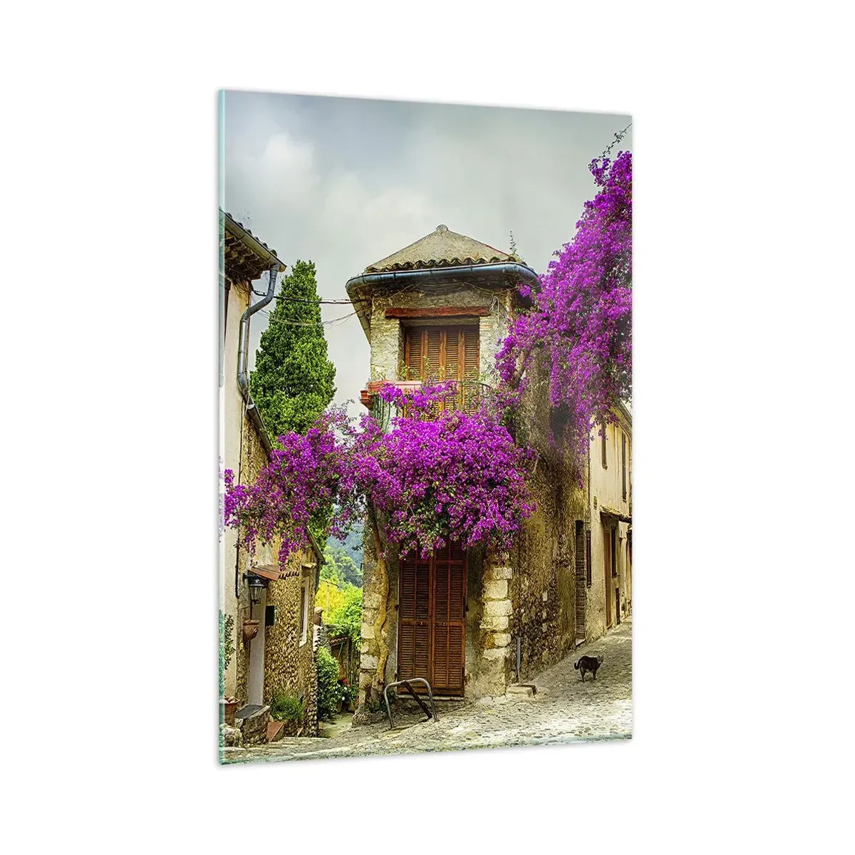 Impression sur verre - Image sur verre - Une rue en pierre avec des fleurs roses et des maisons - 80x120cm - Sous un dais fleuri - Décoration murale moderne pour le salon et la chambre ARTTOR