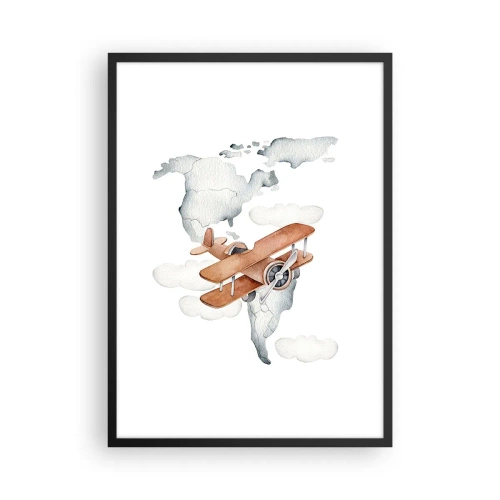 Affiche dans un cadre noir - Poster - Un biplan au-dessus d'une carte du monde dans les nuages - 50x70cm - Dans un esprit pionnier - Décoration murale moderne pour le salon et la chambre ARTTOR