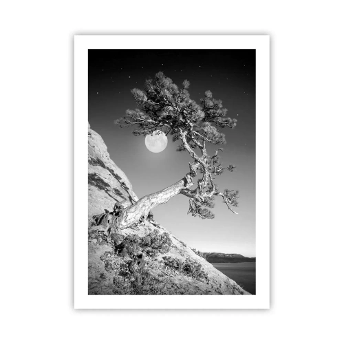 Affiche - Poster - Un arbre solitaire sur une colline avec une pleine lune en arrière-plan, un paysage nocturne - 50x70cm - Un combattant vainqueur - Décoration murale moderne pour le salon et la chambre ARTTOR
