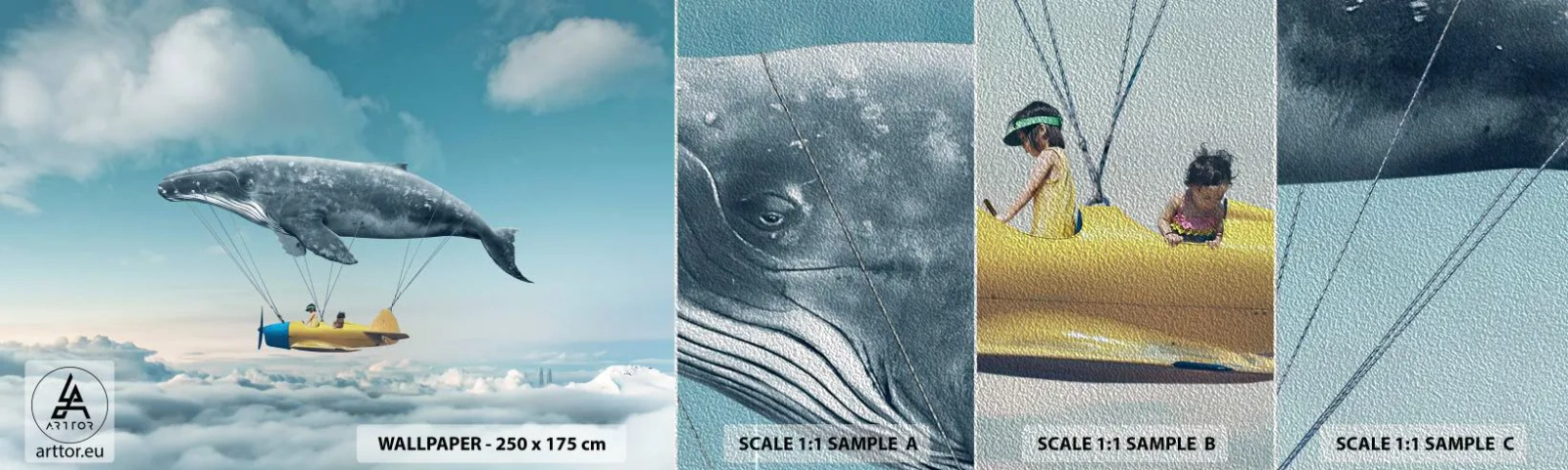 Échantillon de Papier Peint Premium Sand - Pourquoi pas? - Baleine, Enfants, Avion - 100x30 cm