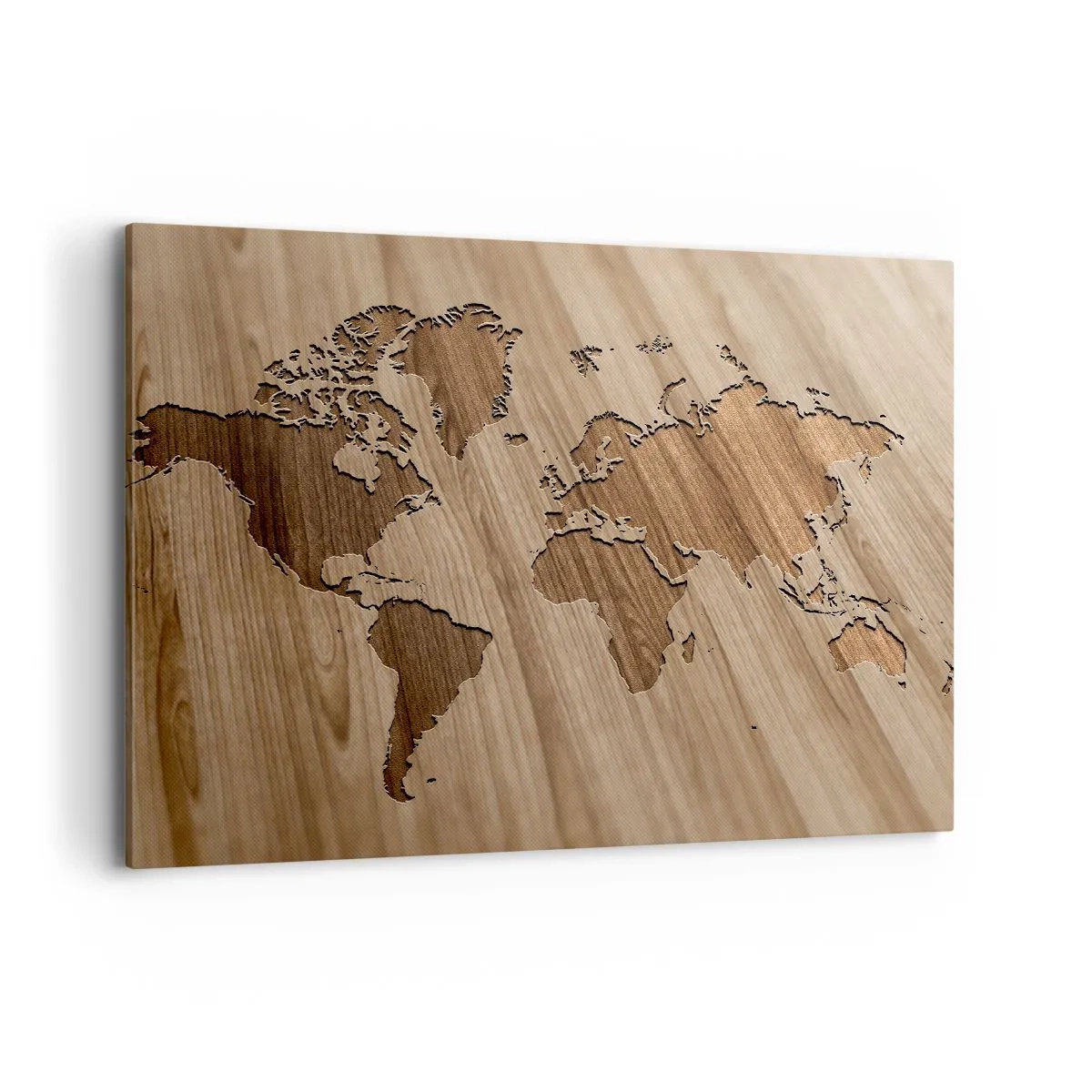 Impression sur toile - Image sur toile - Une carte du monde découpée sur une surface en bois - 120x80cm - Le monde est sur la table - Décoration murale moderne pour le salon et la chambre ARTTOR