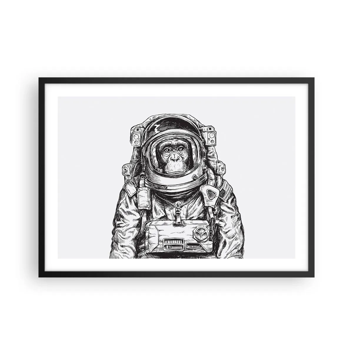 Affiche dans un cadre noir - Poster - Graphique d'un astronaute en combinaison spatiale avec une tête de singe - 70x50cm - Évolution alternative - Décoration murale moderne pour le salon et la chambre ARTTOR