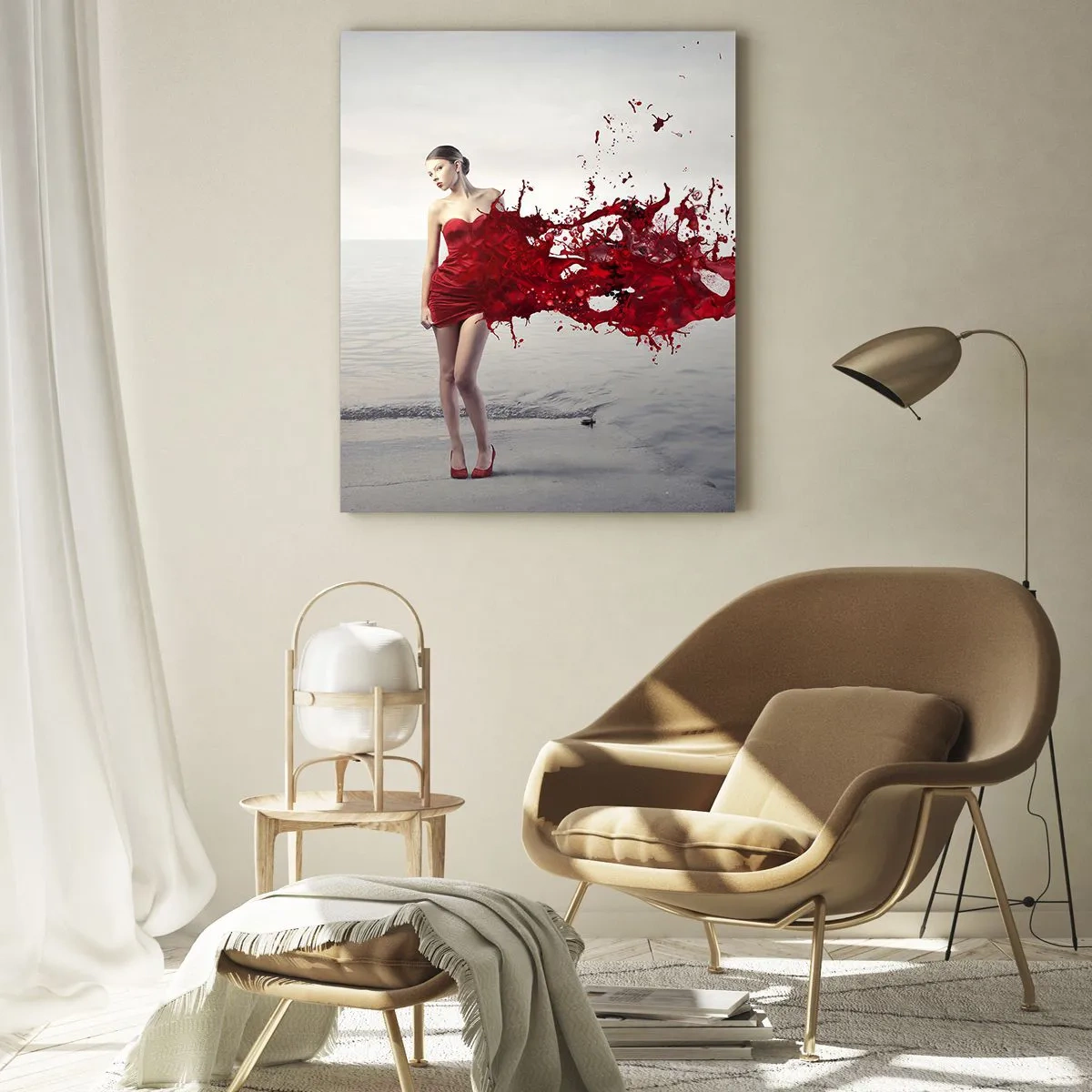 Impression sur verre - Image sur verre - Une femme en robe rouge dans une composition artistique au bord de l'eau - 70x100cm - Passionné comme l'écarlate - Décoration murale moderne pour le salon et la chambre ARTTOR