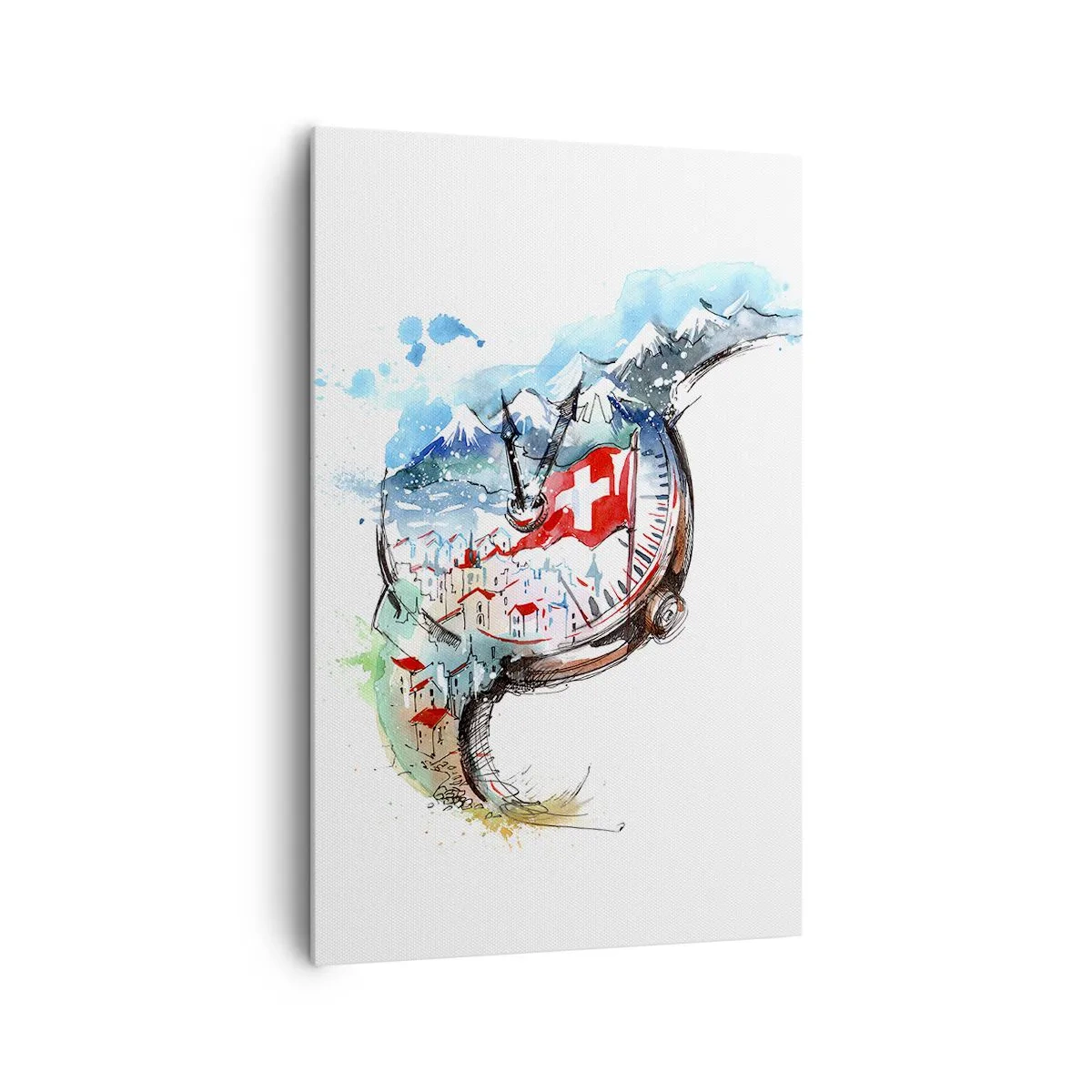 Impression sur toile - Image sur toile - Un paysage aquarelle de la Suisse dans un design d'horlogerie - 80x120cm - L'esprit de la Suisse - Décoration murale moderne pour le salon et la chambre ARTTOR