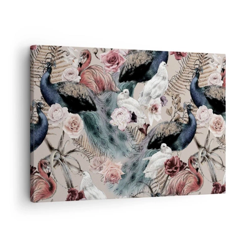 Impression sur toile - Image sur toile - Un paysage avec des plumes de paon, des roses et des oiseaux dans un style romantique. - 70x50cm - Dans un jardin de palace - Décoration murale moderne pour le salon et la chambre ARTTOR