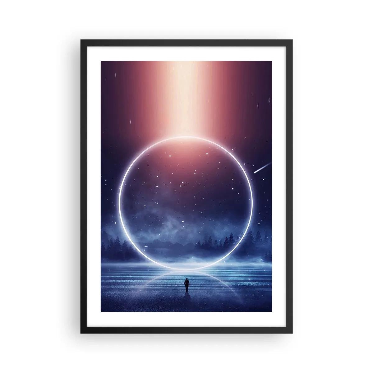 Affiche dans un cadre noir - Poster - Silhouette d'une personne dans un cercle de lumière sur fond d'étoiles - 50x70cm - Ils sont déjà là... - Décoration murale moderne pour le salon et la chambre ARTTOR