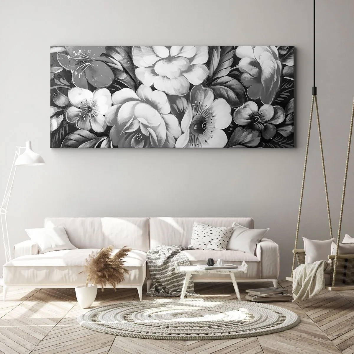 Impression sur toile - Image sur toile - Fleurs noires et blanches dans une composition classique et élégante - 140x50cm - Belle même en gris - Décoration murale moderne pour le salon et la chambre ARTTOR