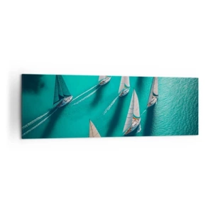 Impression sur toile - Image sur toile - Yachts sur l'eau turquoise en mouvement dynamique - 160x50cm - Dans une compétition avec le vent - Décoration murale moderne pour le salon et la chambre ARTTOR