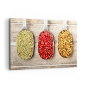 Impression sur toile - Image sur toile - Trois cuillères en métal avec des épices sur un fond en bois - 100x70cm - Magie de la cuisine - Décoration murale moderne pour le salon et la chambre ARTTOR