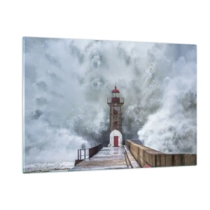 Impression sur verre - Image sur verre - Un phare est frappé par une puissante vague. - 120x80cm - Le rugissement des eaux, le bruit soufflera - Décoration murale moderne pour le salon et la chambre ARTTOR