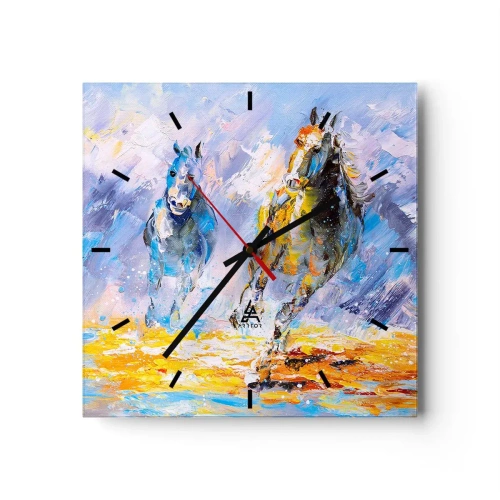 Horloge murale - Pendule murale - Deux chevaux en mouvement sur fond de paysage abstrait - 30x30cm - À travers l'éblouissement du galop - Décoration murale moderne pour le salon et la chambre ARTTOR